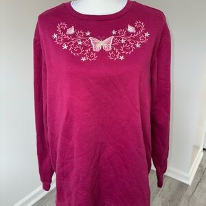 Blair Pink Sweatshirt Large Embroidered Butterfly Floral Pullover Cozy Top‎